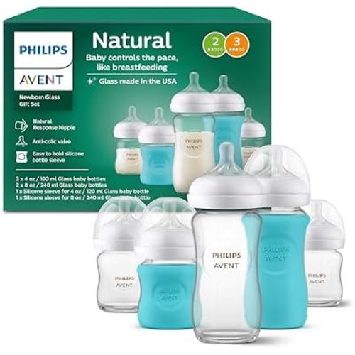 Philips Avent Natural Glass Newborn Gift Set, 5 Bottles, 2 Silicone Sleeves