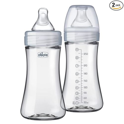Chicco Duo 9oz. Hybrid Baby Bottle with Invinci-Glass Inside and Plastic Outside | Dishwasher, Bottle Warmer, and Electric Sterilizer Safe | Intui-Latch Nipple | Clear/Grey, 2pk