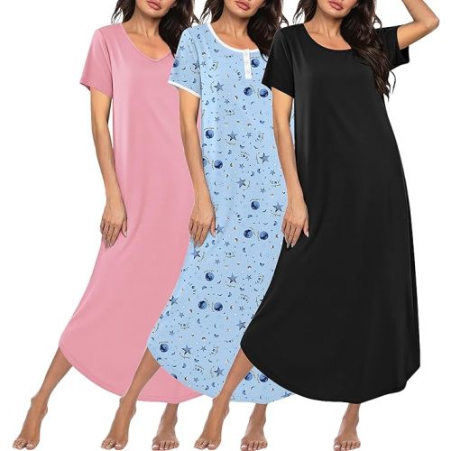 Ekouaer 3 Pack Long Nightgowns for Women Plus Size Moo Moos Short Sleeve House Dress Button Night Gown Soft Sleepwear S-5XL