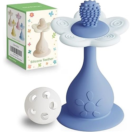 Silicone Baby Teething Toy – Flower Teether & Rattle for Infant, Multi-Texture 360° Teething Relief, Anti-Choking Guard, Stand-Up Base, Food Grade BPA-Free, Sensory Toy 0–24 Months (Blue)
