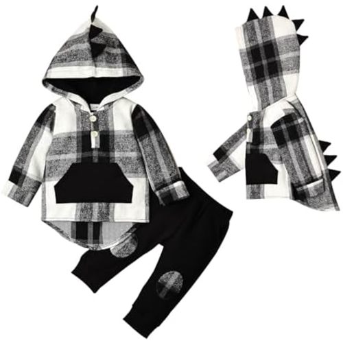 Toddler Baby Boy Clothes Long Sleeve Dinosaur Plaid Hoodie Sweatshirt + Pocket Pants Set 6 Months-4 Years