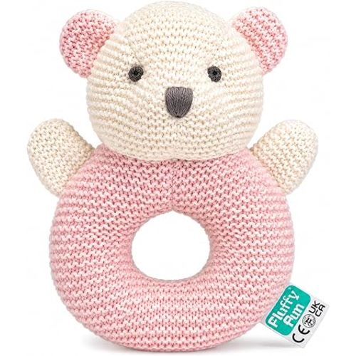 FLUFFYFUN 100% Organic Cotton Baby Rattle, Pink Teddy Bear for Newborns