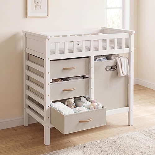INFANS Wooden Baby Changing Table with Comfy Changing Pad, 3 Fabric Drawers, Laundry Hamper, Safety Belt, Diaper Station Dresser for Nursery Infant (White)