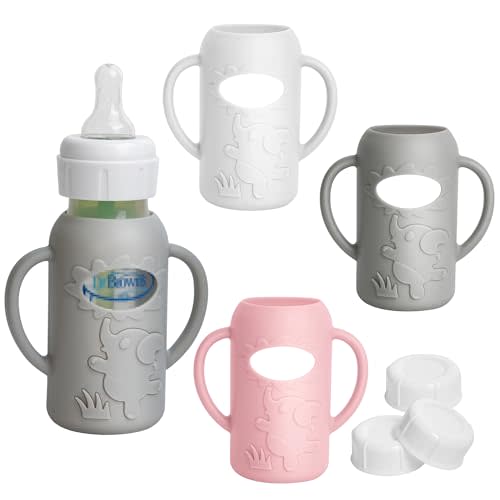 Joxodak 3 Pack Silicone Sleeves for Dr Brown Natural Glass Baby Bottles, Food Grade Anti Breakage Baby Bottle Holder with Handles and 3pcs Travel Bottle Caps (White+Pink+Grey, 4oz)