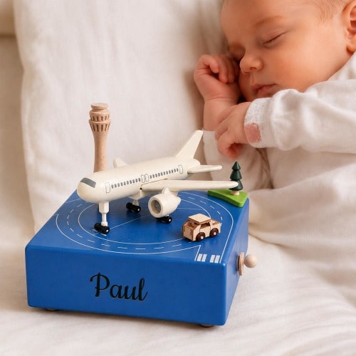 Personalized Airplane Music Box, Custom Wooden Music Box for Baby Boy, Engraved Name Nursery Gift, Pilot Theme Baby Shower Gift