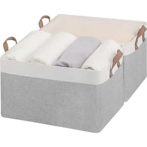 StorageWorks Storage Bins, Fabric Storage Bins for Shelves, Extra Large Storage Baskets with Metal Frame, Closet Baskets and Bins with Handles, Jumbo, Gray and White, 2-Pack
