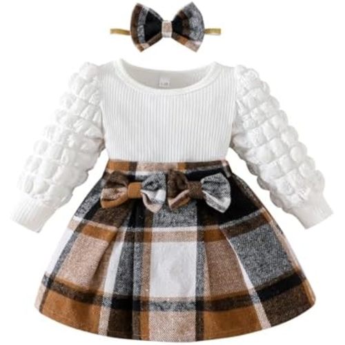 Toddler Baby Girl Plaid Dress Puff Sleeve Bow Patchwork Ribbed Shirts Dress Plaid Fall Winter Outfits with Headband