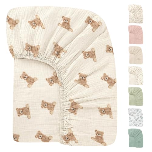 Organic Crib Sheets Fitted Crib Mattress Sheet 52x28 Inches 100% Muslin Cotton for Baby Girls & Boys, Soft Boho Neutral Toddler Bedding Bed Sheets Fits Well Standard Size Crib Mattress 28x52 Inches