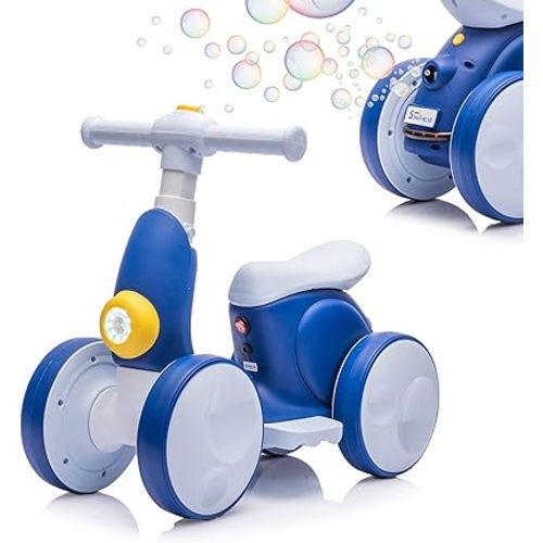 6V Electric Baby Balance Bike with Bubble Machine,4 in 1 Toddler Balance Bike w/Remote Control for 1 Year Old Boys Girls Kids Bubble Bike Ride on Toys w/Powered Motor,Music,LED Lights (Blue)