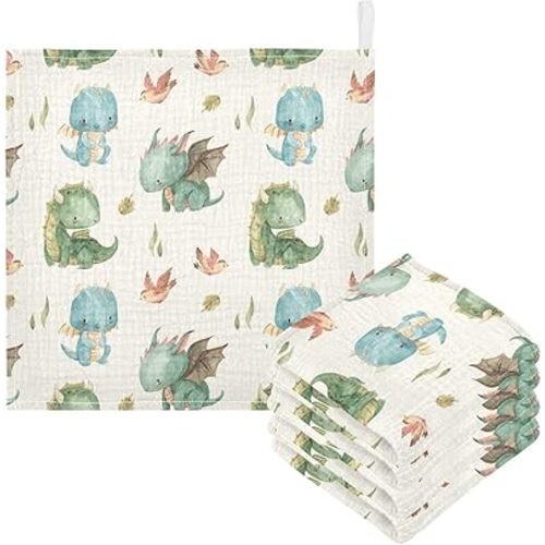 Burbuja Watercolor Dragon Baby Washcloths - Muslin Cotton Soft Absorbent Baby Towel for Newborn Baby Sensitive Skin - Baby Essential Item, 12x12 in, 5 Pack