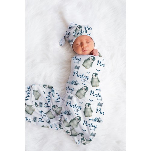 Penguin Swaddle Set, Penguin Swaddle Blanket, Personalized Baby Blanket, Arctic Animal Nursery, Penguin Baby Blanket, Penguin Nursery B61