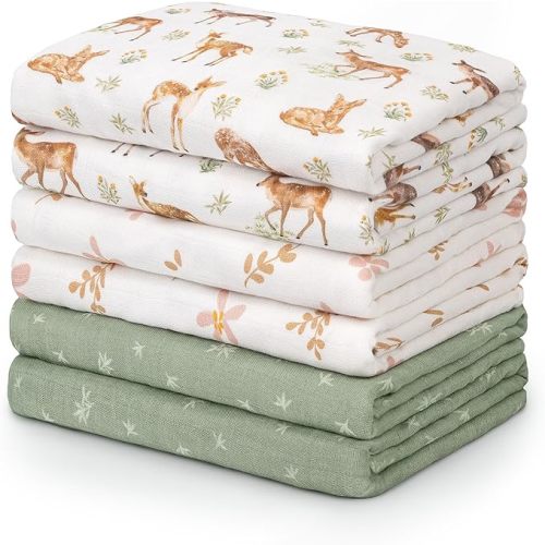 GLLQUEN BABY Muslin Swaddle Blankets 6 Pack, Soft Cotton Baby Swaddle, Breathable Receiving Blanket for Newborn Boys Girls, Multipurpose Nursing Cover & Stroller Sun Shade, Deer Pattern