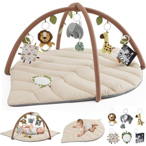 Blissful Diary Baby Play Gym & Activity Mat, Leaf Shaped Baby Tummy Time Play Mat with 6 Detachable Toys, Promotes Motor Skills & Sensory Development, Oatmeal Beige