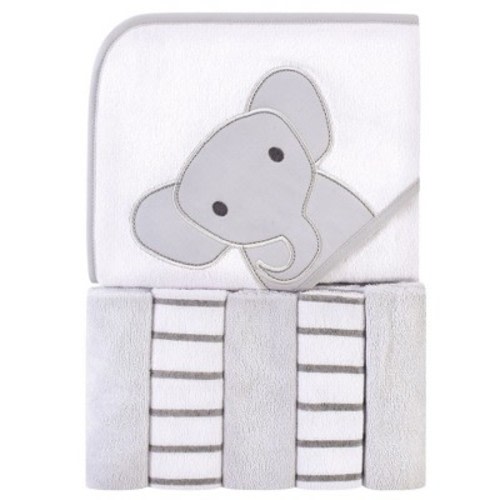 Hudson Baby Infant Unisex Hooded Towel and Five Washcloths, Modern Elephant, One Size
