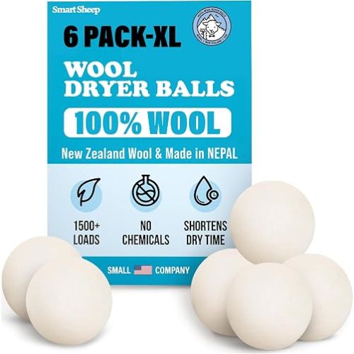 Wool Dryer Balls - Smart Sheep 6-Pack - XL Premium Natural Fabric Softener Award-Winning - Wool Balls Replaces Dryer Sheets - Wool Balls for Dryer - Laundry Balls for Dryer, 6 Count (Pack of 1)