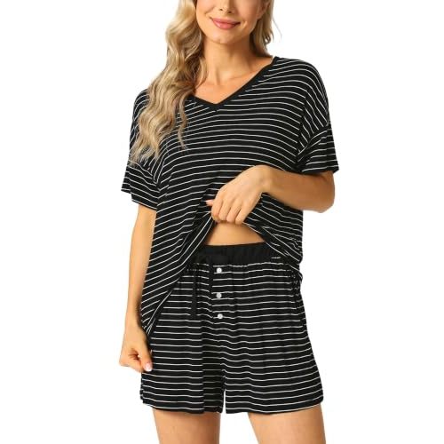 LazyCozy Women's Bamboo Viscose Cooling Striped Pajama Set | Moisture wicking, Breathable, Tagless, Soft stretch, Elastic waist with drawstring, for hot flashes, lounge & outdoor