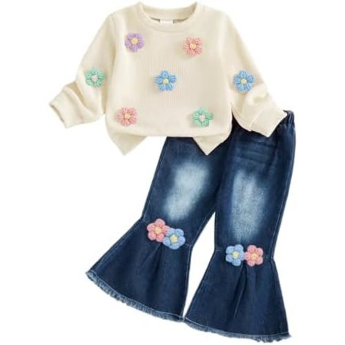 FYBITBO Toddler Baby Girl Clothes Fall Winter Baby Girl Outfit Floral Crewneck Sweatshirt Bell Bottom Jeans Pants Set