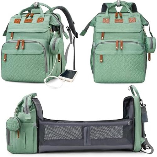 Astro alan Baby Diaper Bag with Changing Station, Waterproof Diaper Bag Backpack for Moms Dads with USB Charging Port, Baby Shower Gifts, Large Capacity diaper backpack, Pale Green