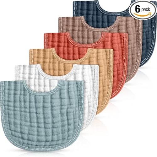 Frienda 6 Pcs Muslin Bibs Burp Cloths for Baby Teething Bandana Bibs 6 Absorbent Layer for Baby Boy Girl Cotton Burping Cloth(Cute Color)