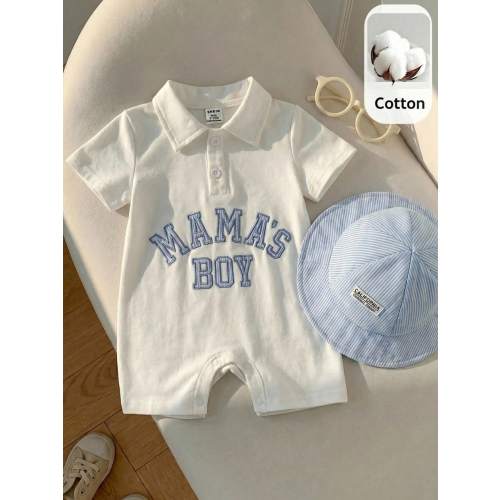 SHEIN 2pcs/Set Unisex Newborn/Baby Boy/Girl Striped Short Sleeve Romper And Sunhat Set, Spring/Summer Baby Clothes Outfit