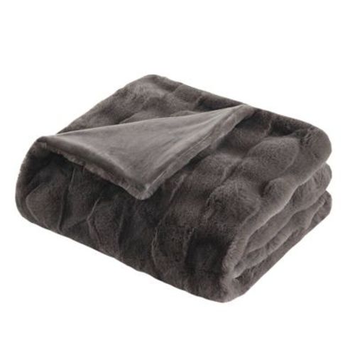 Madison Park 50"x60" Camille Faux Fur Throw Blanket Gray: Heavyweight, Machine Washable, Cozy Polyester