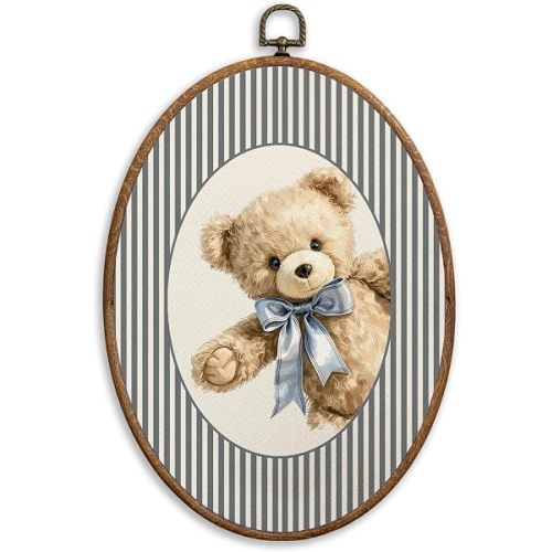 SONMYSULIL Bear Nursery Wall Art Decor, Boys Girls Room Oval Wall Hanging Decor, Cute Blue Bow Bear Home Framed Canvas Prints for Kids Toddler Boy Girl Nursery Room Bedroom Playroom, 8.6x11.4 Inch
