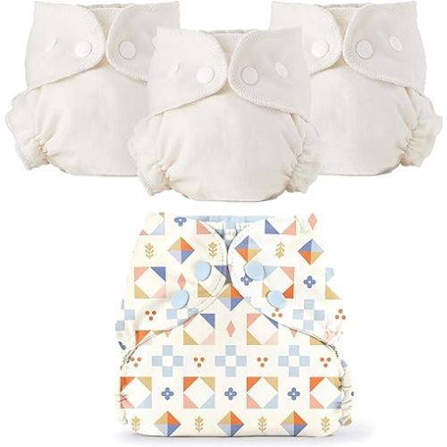 Esembly Cloth Diaper Bundle – 1 Quilted Waterproof Outer and 3 Organic Cotton Inners – Reusable, Washable, Blowout-Proof Diapering System – Size 1 (7–17 lbs)