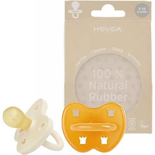 HEVEA Natural Rubber Pacifier Round 3-36 Months – Hygienic One Piece Design for Newborns to Toddlers, BPA-Free, Soft & Durable – 2-Pack (Milky White & Natural)