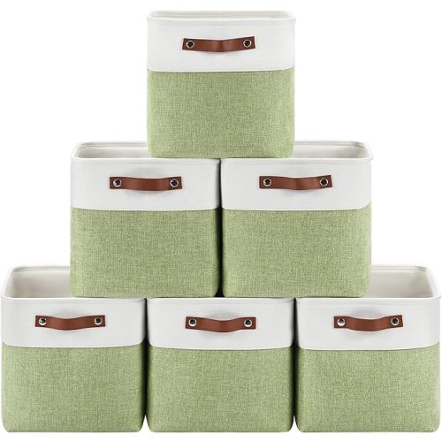 6-Pack Foldable Fabric Storage Cubes 11x11 Inch, Sturdy Cube Organizer Bins with Leather Handles, Storage Baskets for Closet Shelves and Home Organization(White/Green)
