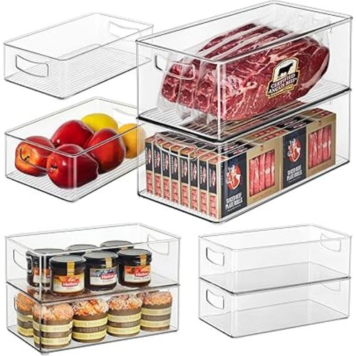 Hudgan 8 Pack Pantry Organizer and Storage, 2 Extra Large Stackable Freezer Organizer Bin, 3 Large Clear Storage Bin and 3 Medium Plastic Container for Home Edit, Kitchen Cabinet, Bathroom Shelf