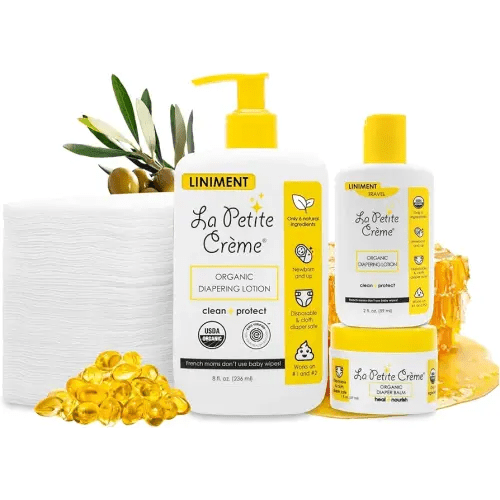 La Petite Creme Premium French Diapering Gift Set: Includes Organic Diapering Lotion (8 oz), Travel-size Liniment Baby Lotion (2 oz), 1 Travel-size Diaper Balm (1 oz), 50 Disposable Cotton Pads