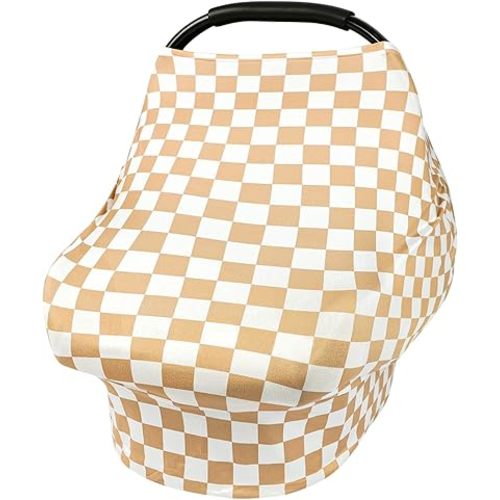 TANOFAR Car Seat Cover for Baby, Multi-Use Cover Carseat Canopy, High Stretchy & Breathable Infant Carseat Cover, Shower Gifts for Unisex Boys and Girls (Light Brown Checkerboard)