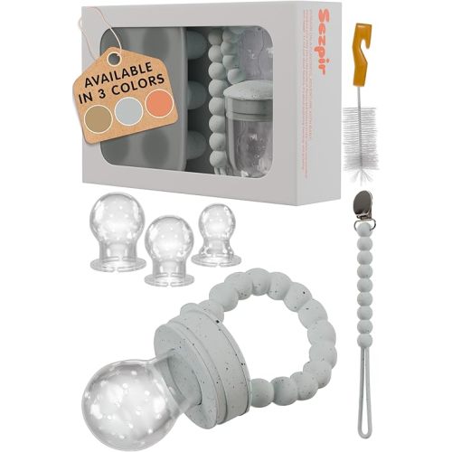 Silicone Baby Fruit Feeder Pacifier with Freezer Tray Made from Safe and BPA Free Materials, Suitable for Fruits, Veggies, Puree or Frozen Breast Milk Popsicle Teether with Clip Strap, Gray Speckled