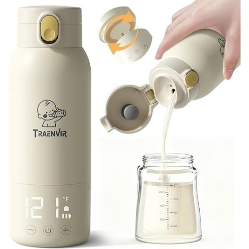 Portable Bottle Warmer for Travel, 17oz Baby Bottle Warmer on The Go for Fast Heating Breast Milk & Water Removable Long Battery, Smart Temp Control for Vehicle, Car, Airplane & Journey
