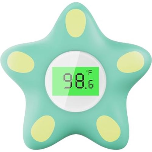 Baby Bath Thermometer for Infant & Toddler, Floating Digital Water Thermometer with 3‑Color LED Backlight, Baby Bath Toy, Hot & Cold Alert, BPA‑Free, Green Starfish