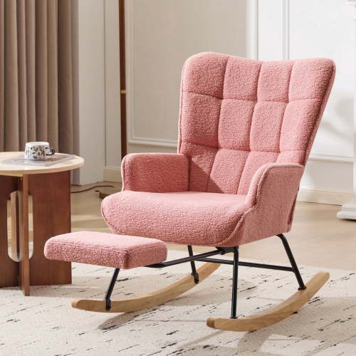 Furniliving Rocking Chair, Upholstered Nursery Rocking Chair with Footrest, High Backrest, Thick Cushion Glider Rocker Accent Chair, Comfy Armchair for Living Room, Bedroom, Nursery, Pink