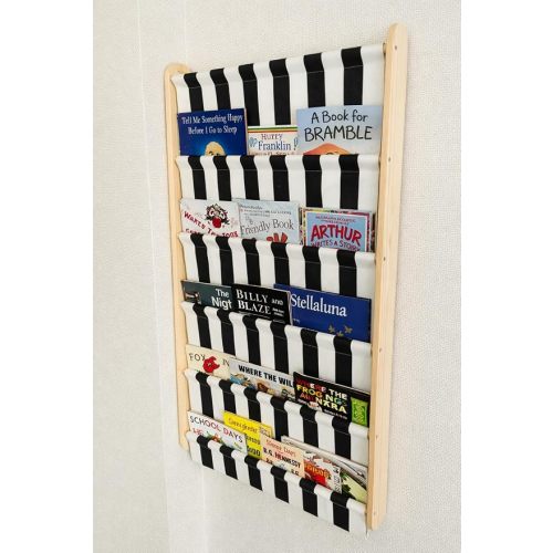 Montessori Wall Mounted Soft Canvas Fabric Bookshelf 5 Tier, Solid Pine Wood Kids Book Rack with Deep Pocket, Nursery & Playroom Space Saving Behind Door Shelf