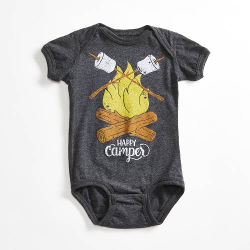 Happy Camper Vintage Black Baby Bodysuit. Unisex Grey Black Baby Jumper with campfire and marshmallows. Celebrates Wilderness.