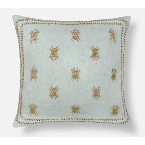 Blue Cotton Poly Throw Pillow Cover: Gold Insect Embroidery | 9 x 18
