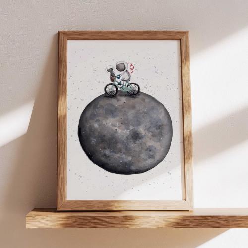 Watercolor Astronaut Biking on Moon Art Print: Nursery Wall Decor