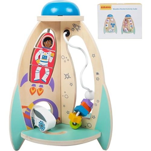 Wooden Montessori Rocket Ship Activity Cube for 18m+ Baby, Educational Toys for 2 Year Old Boy & Girl Birthday Gifts, Multipurpose Toddler Toy