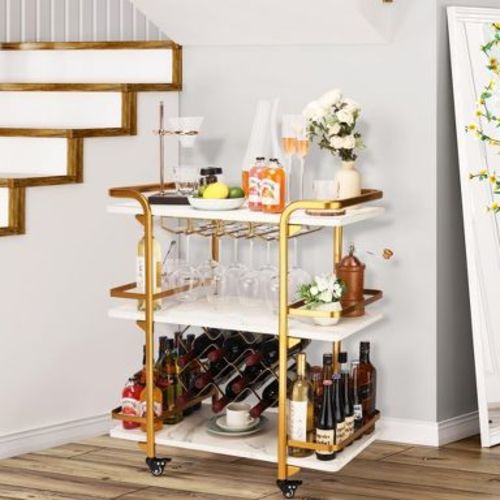 ZACHVO 3-Tier Gold Bar Cart with Glass, Marbled Solid Wood, Lockable Wheels, for Home & Kitchen