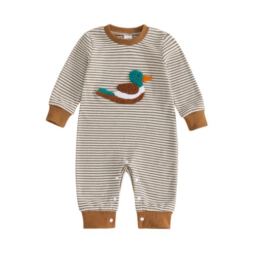 SAYOO Infant Baby Boy Girl Mallard Duck Romper Jumpsuit Green Duck Embroidery One Piece Waffle Overalls Hunting Baby Clothes