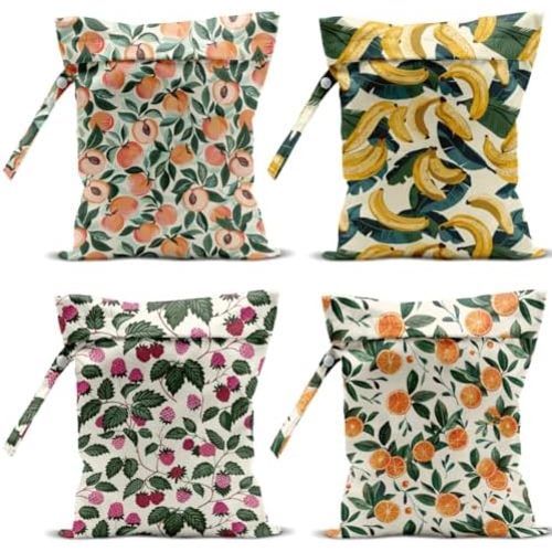 4 Pack Cute Fruit Wet Bag Waterproof Washable Reusable Wet Dry Bag for Swimsuit Dirty Clothes Cloth Diaper Travel Beach Pool Yoga Gym Toiletries Travel Beach Essentials Banana Strawberry Orange