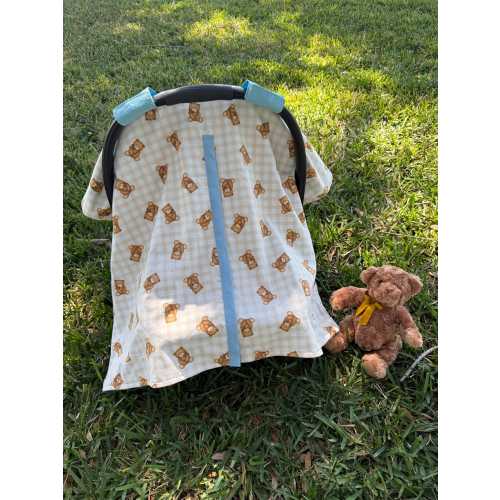 Teddy Bear Gingham Baby Car Seat Cover | Neutral Infant Carrier Canopy