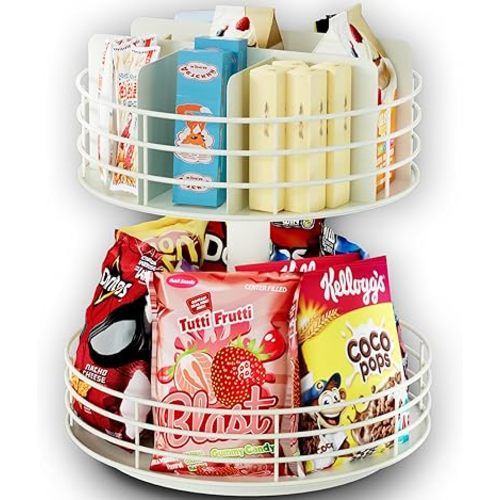 Snack Organizer - 2 Tier Lazy Susan with Convenient Grab-and-Go Design (Matte White)