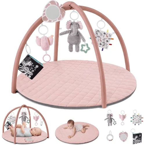Blissful Diary Baby Play Gym Mat, Tummy Time Activity Mat with 6 Detachable Toys for Skill Development, Baby Essentials Gift, Soft Pink