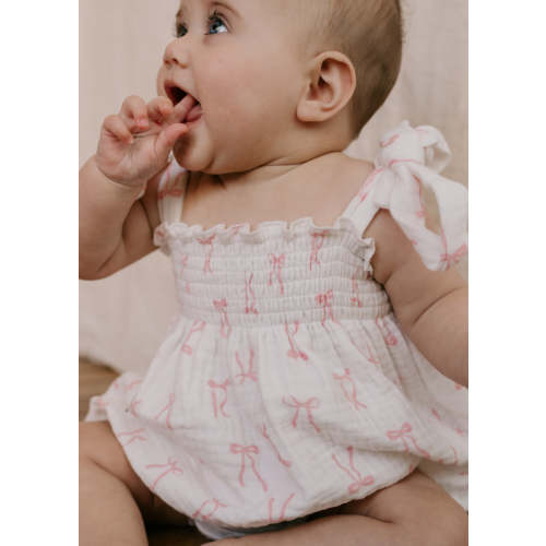 Tie Muslin Romper | Pink Bows – Little and Fern
