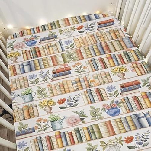World Books Watercolor Flowers Bookshelf Baby Crib Sheets Boy Girl 52x28 Books Reading Dreaming Soft Snug Fitted Crib Mattress Cover Book Lovers Gift Baby Sheet for Standard Crib & Toddler Mattress