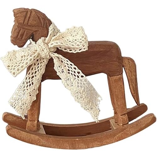 MagiDeal Wooden Horse Figurine Rocking Horse Statue with Ribbon Decorative Unique Collectible Holiday Season Ornament Table Decoration, C Lace Ribbon